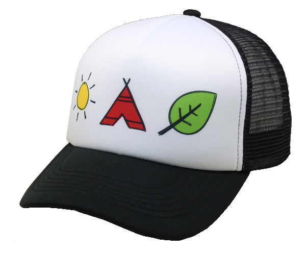 
                
                    Load image into Gallery viewer, black trucker cap with sun, teepee and leaf
                
            