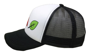 black trucker cap with sun, teepee and leaf