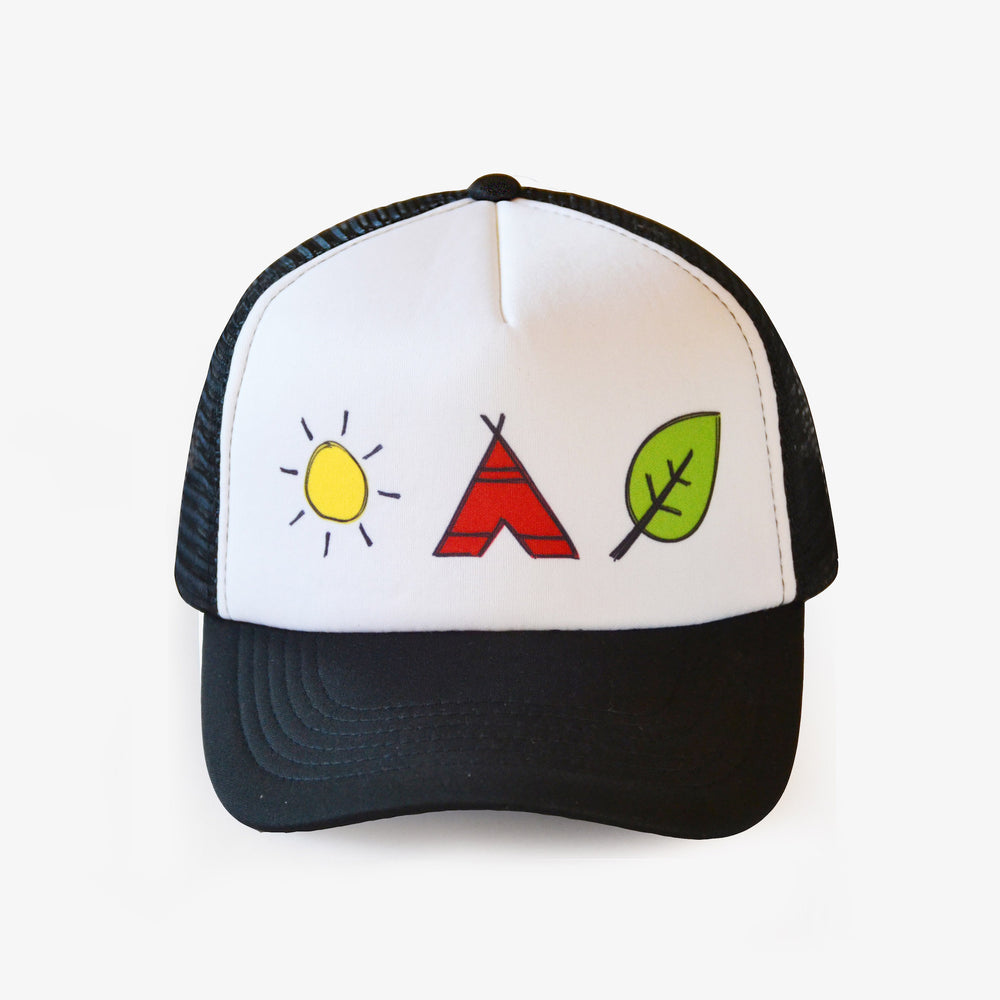 
                
                    Load image into Gallery viewer, black trucker cap with sun, teepee and leaf
                
            